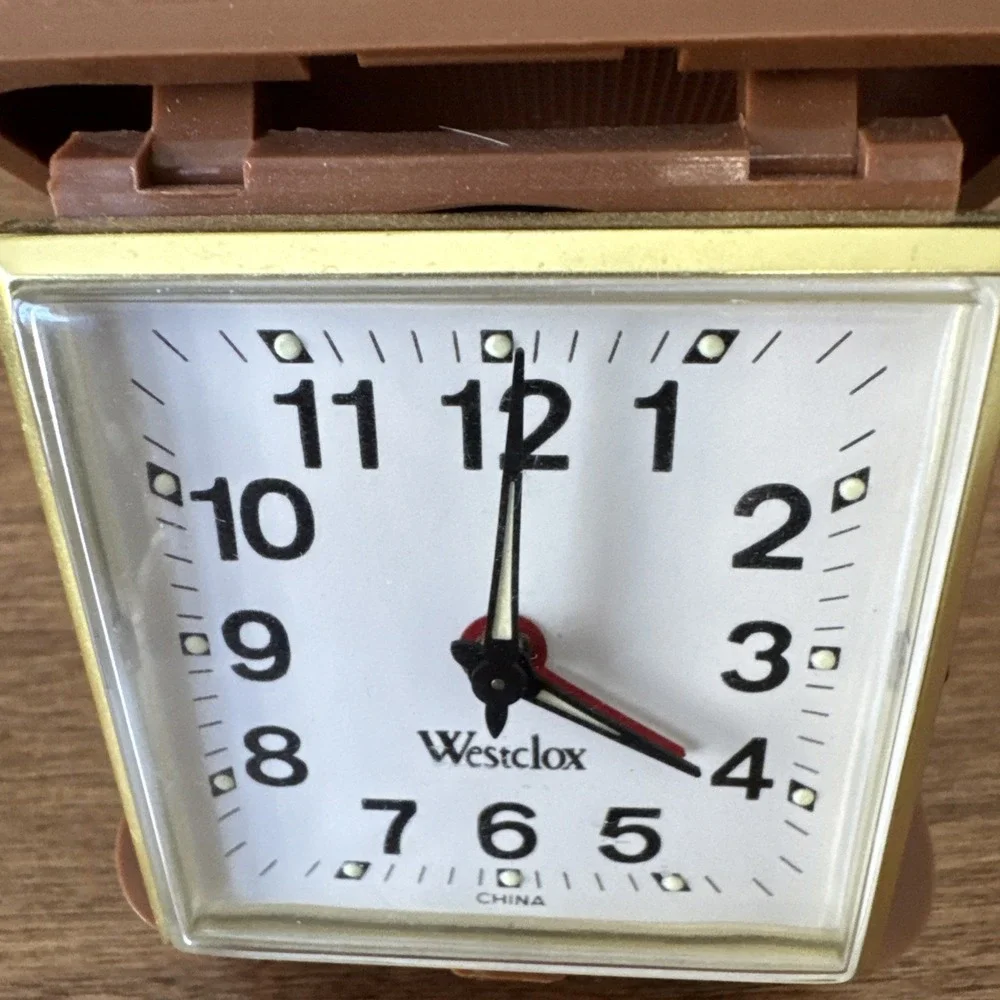 Vintage Westclox 1960's Travel Clock Alarm Wind Up Brown Folding Case - Works